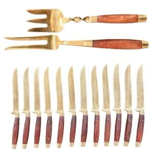 Vintage Mid Century Modern Thai Brass Wood Flat Wear w/Serving Pieces -14 pieces